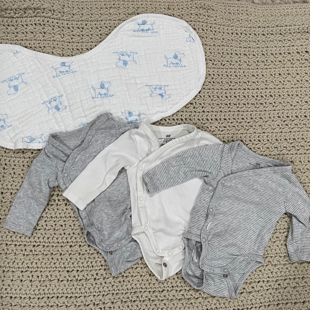 H&M/Little Me NB Side Snap Onsies and Bib/Burp Cloth and socks